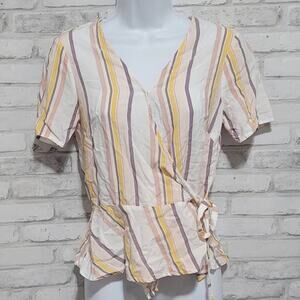 Paper Crane Pink Orange Vertical Striped Wrap Blouse Womens Summer Small Peplum